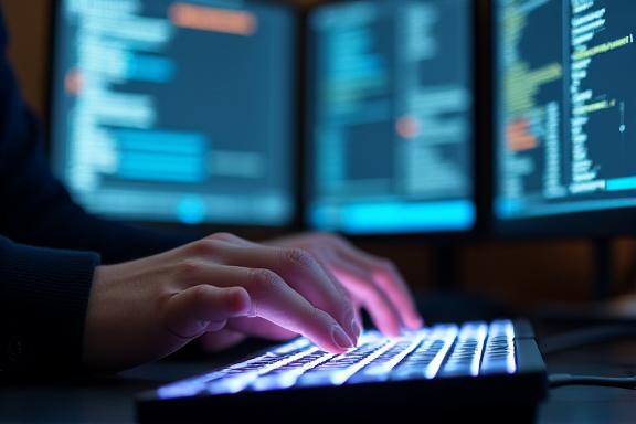 Cybersecurity expert working on a high-tech terminal